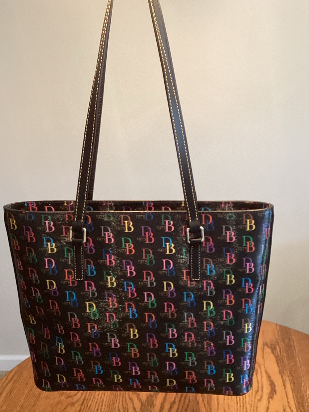Dooney & Bourke Black Multicolor DB Logo Tote with Gold Plaque - Picture 2 of 6